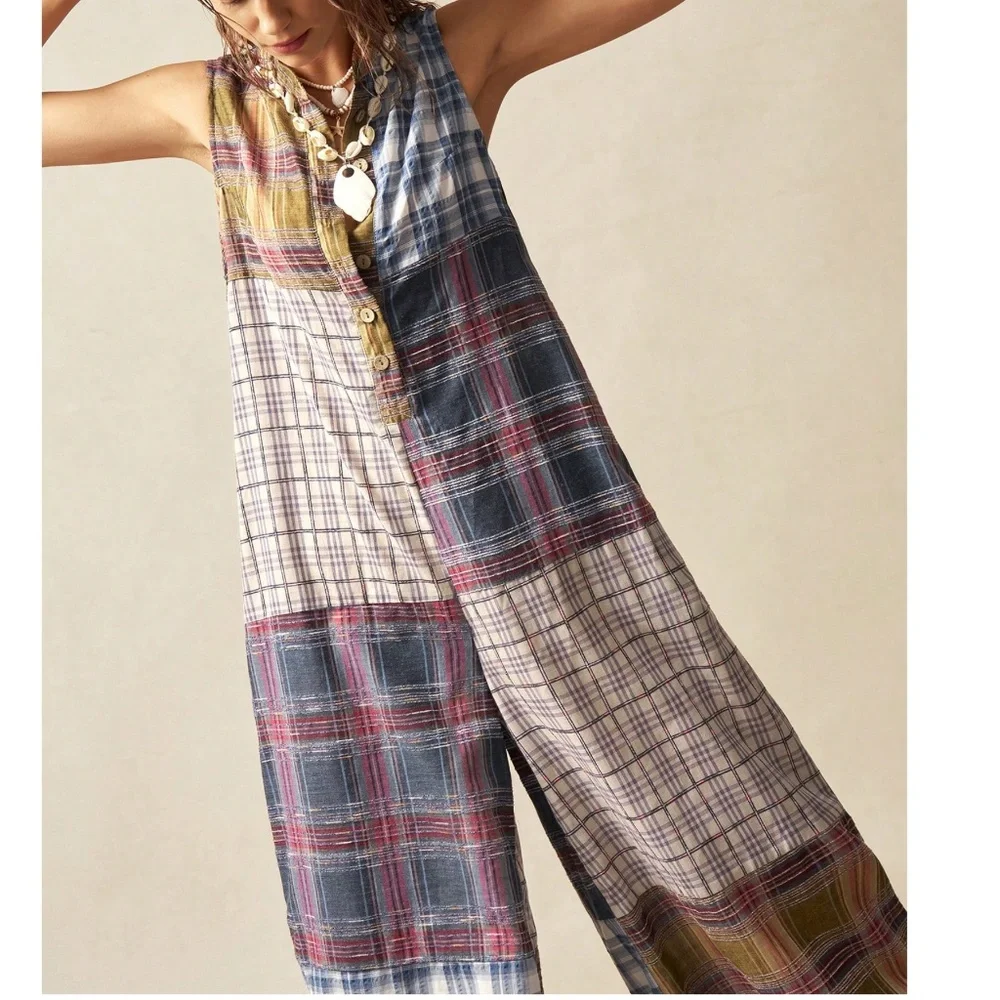 Plus Plaid Print Half Button Sleeveless Wide leg Jumper Jumpsuit - Picture 3 of 6